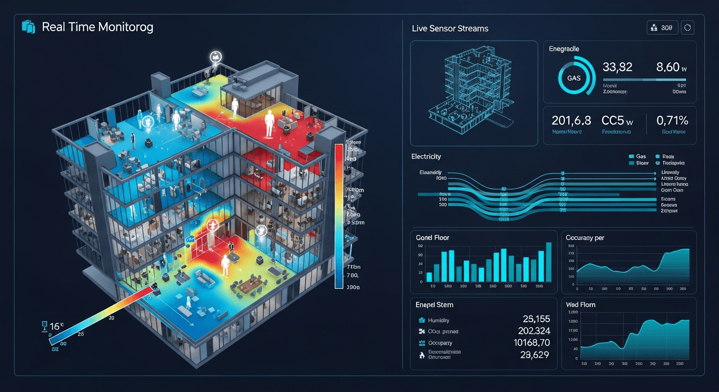 CONTEXUS digital twin — 3D BIM building model with real-time IoT sensor overlays