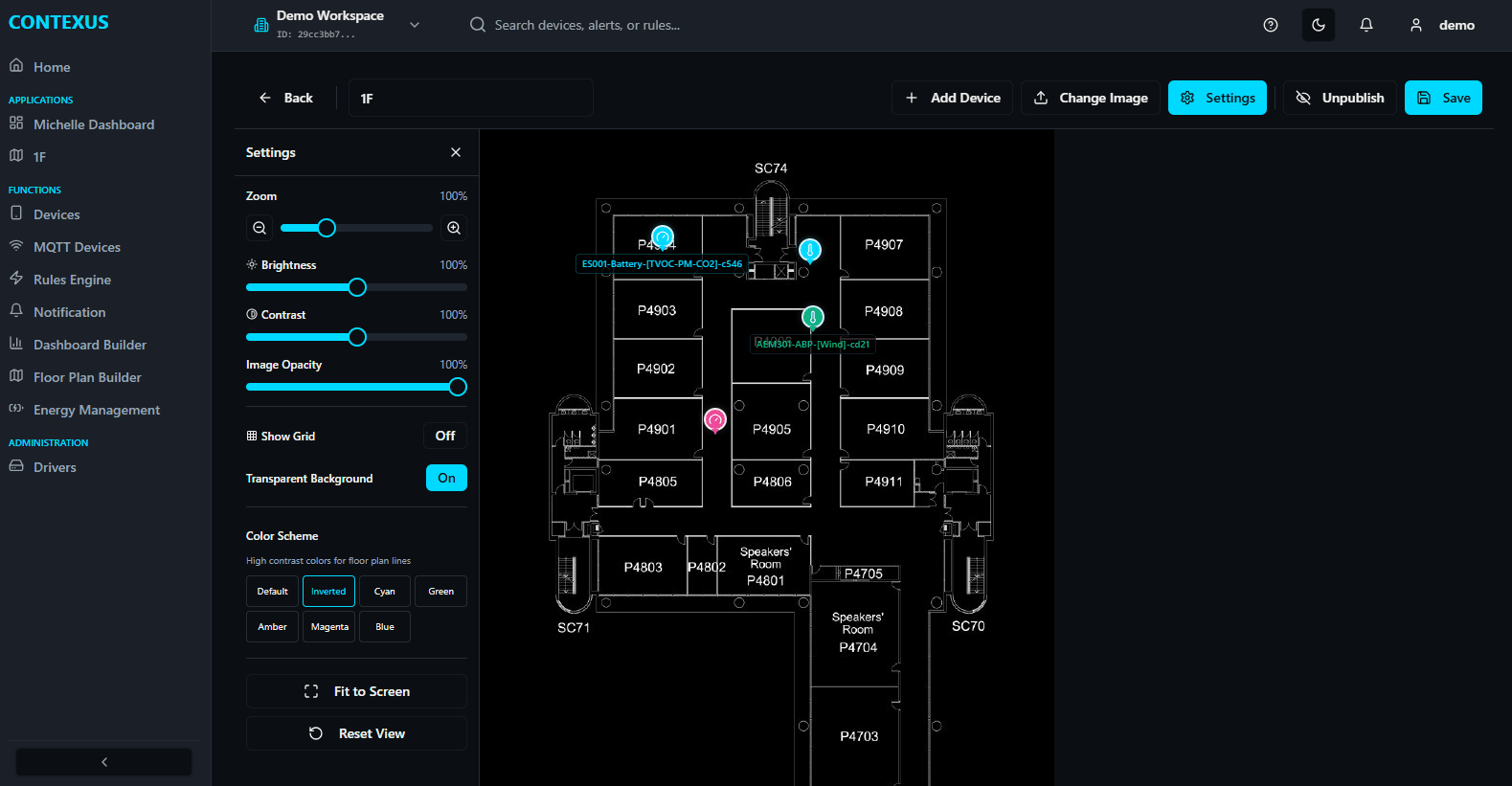 Floor Plan Builder with device placement, zoom controls, and customization settings